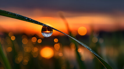 Water droplet on grass at sunset