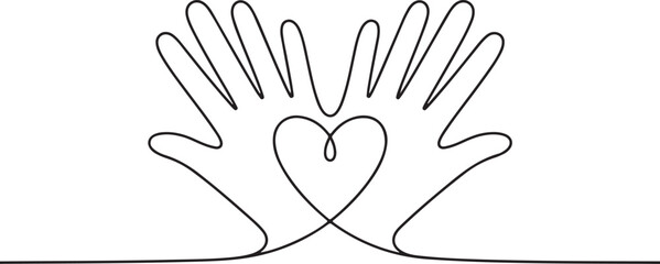 Continuous one line drawing. Abstract hands woman and man holding heart. Vector illustration