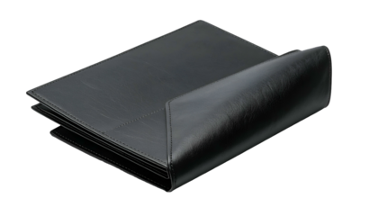 A black, leather-like folder is partially open, displaying a stack of papers inside