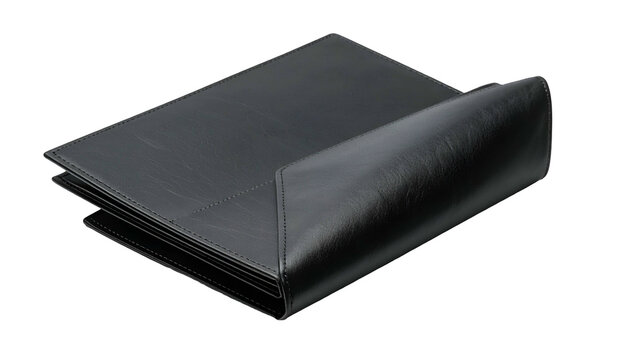 A black, leather-like folder is partially open, displaying a stack of papers inside