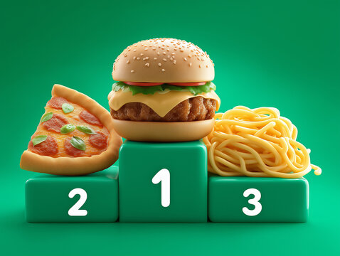 Hamburger mit Pommes und Pizza auf Siegerpodest vor gr&uuml;nem Hintergrund als Fast-Food-Ranking
