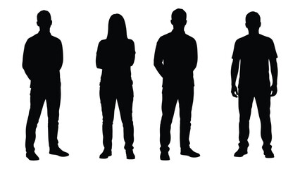 Four people standing in a row a study of human shapes in black silhouette