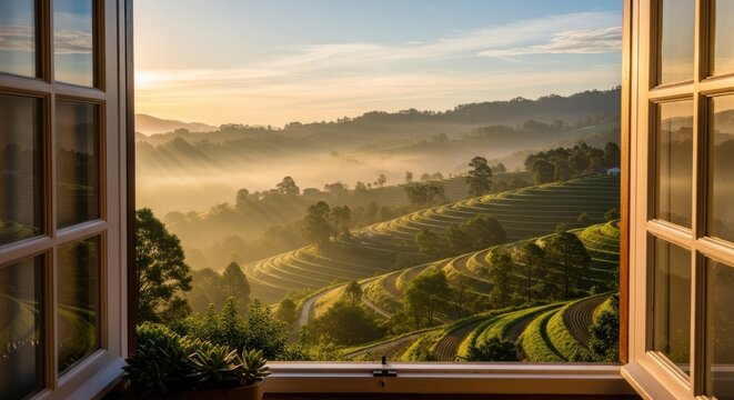 Open window view of misty sunrise over lush green rolling hills and trees - Powered by Adobe