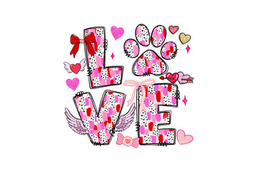 Love Text with Paw Print and Angel Wings Valentine's Day Sublimation Design
