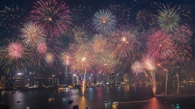 Colorful fireworks illuminating city skyline at night during celebration