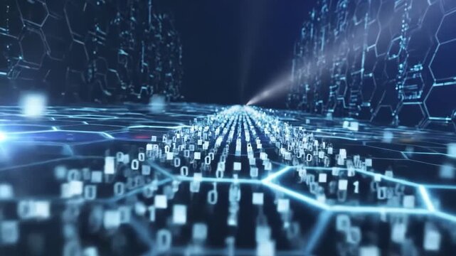 Abstract digital network grid with binary code flowing through hexagons