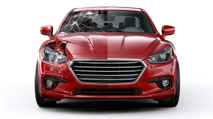 Naklejka premium A red car with a cracked windshield. The car is parked on a white background. The cracked windshield gives the car a worn and damaged appearance
