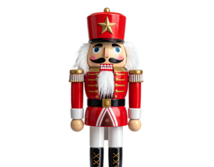 A festive, classic wooden soldier figurine, red and white, with gold accents, ready for the holidays