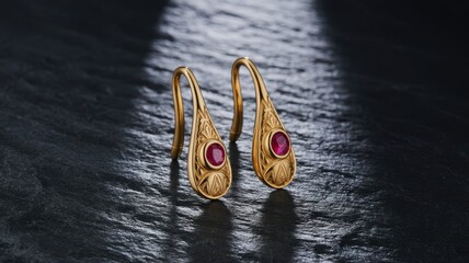 Elegant gold earrings with intricate engravings and red gemstones displayed on a dark textured surface, symbolizing luxury, craftsmanship, and timeless beauty in fine jewelry design