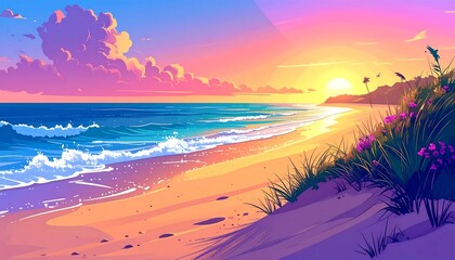 Vivid coastal scene showing a sunlit beach, ocean waves, and pink sunset hues