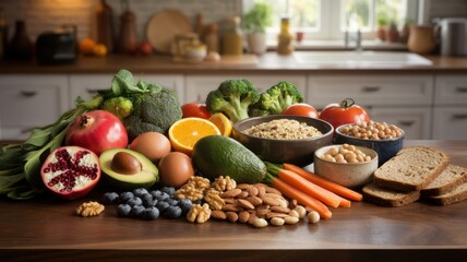 Assortment of healthy whole foods including fruits, vegetables, grains, nuts, legumes, and eggs on a wooden kitchen counter, symbolizing balanced diet and clean eating