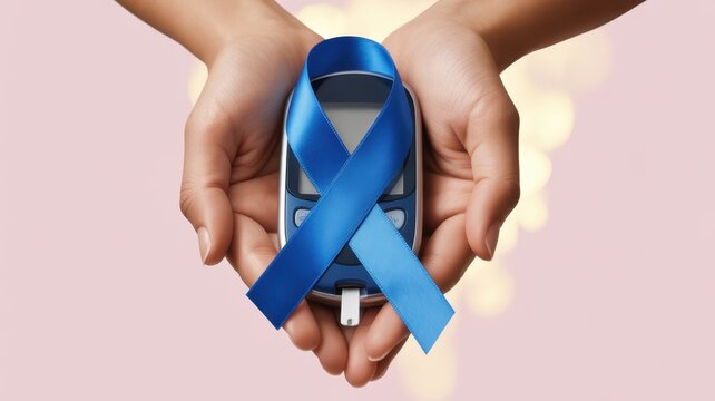 Hands holding a glucometer wrapped with a blue awareness ribbon on soft pink background, symbolizing diabetes awareness, health care, support, and prevention - Powered by Adobe