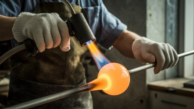 Glassblower shaping molten glass with a blowtorch in a workshop, wearing protective gloves and apron, highlighting craftsmanship, precision, and the art of traditional glassmaking - Powered by Adobe