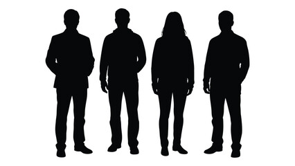 Four people standing in a row presented as a striking black shape silhouette
