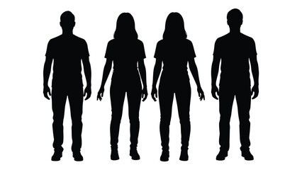 Four people standing in a row showcasing distinct body shapes as a silhouette