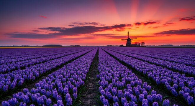 Vibrant purple tulip field at sunset with a windmill silhouetted against a colorful sky