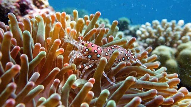 Red Sea anemone shrimp in a symbiotic relationship with its stinging anemone host in colorful underwater reef environment