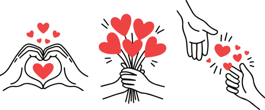 Female hands with red hearts. Set of abstract elegant vectors. Self, skin or body care, share love, love yourself icons. Logo for wedding design, cosmetics, beauty. Illustration of hand holding flower