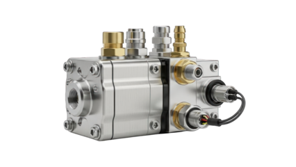 Precision engineered silver metal industrial component with multiple connectors and cables.