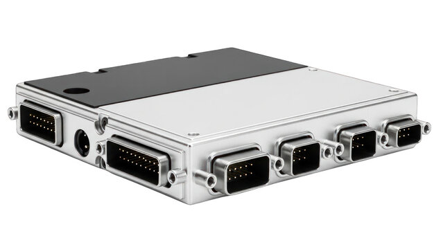 Industrial electronic control unit with multiple connectors. - Powered by Adobe