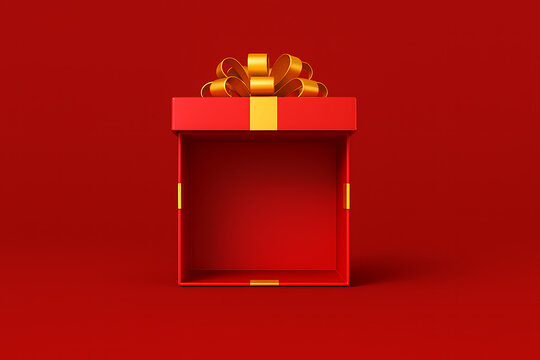 Open red gift box with gold ribbon bow sitting on a bright red background front view holiday present mockup