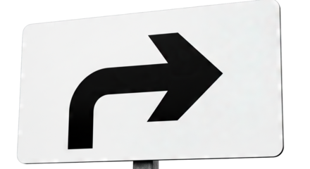 Black right turn arrow sign on a white rectangular board.