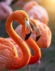 Vibrant close-up of three flamingos with curving necks, sunlight