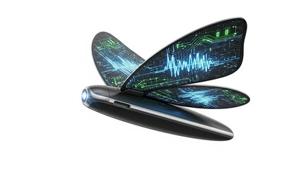 Advanced Cybernetic Dragonfly Drone with Luminous Circuit Board Wings and Sound Wave Display on White.
