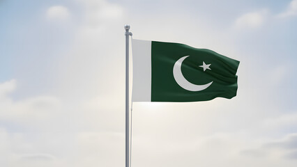 The national flag of Pakistan, featuring a green field with a white crescent moon and star, and a white vertical stripe, waves proudly against a bright, cloudy sky.