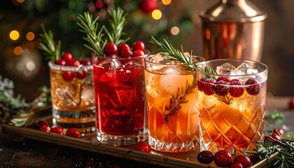 Festive holiday cocktails with garnishes of cranberries and rosemary on a tray