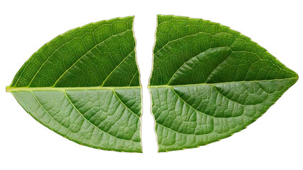 Two Halves of a Green Leaf on a White Background.