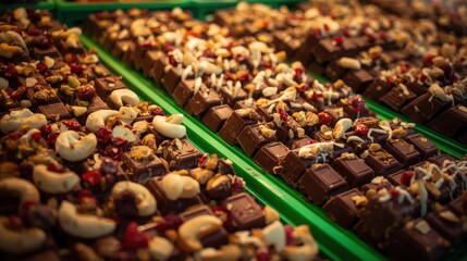 Assorted chocolate treats on green trays