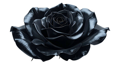 A glossy, black rose against a black background. Detailed petals and realistic textures