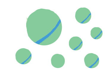 Abstract collection of seven oval shapes in varying sizes and shades of green with blue stripes on a white background