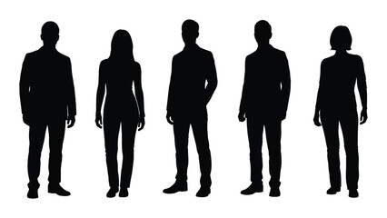 A row of five black human silhouettes standing against a plain white background silhouette