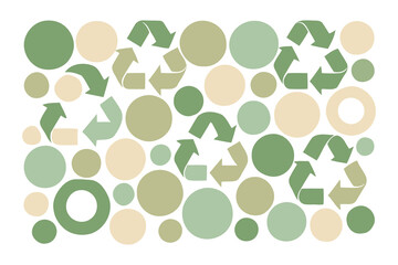 Fototapeta premium Seamless pattern of green and beige circles and recycling symbols on a white background representing sustainability and eco friendly concepts