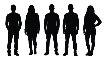 a row of five dark human figures standing side by side a striking silhouette