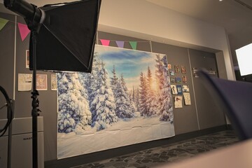 Indoor Photography Setup with Winter Backdrop
