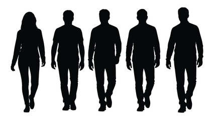 a group of five people walking forward in a stark black silhouette