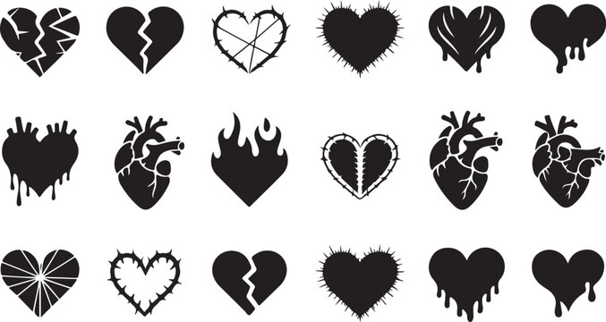 Heart tattoo gothic set, graffiti rock flame shape kit, vector u2k abstract love logo concept. Valentine punk retro sticker collection, neotribal web goth decoration. Dripping heart tattoo prints 