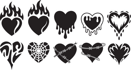 Heart tattoo Neo tribal set, gothic rock flame shape kit, vector u2k abstract love logo concept. Valentine punk retro sticker collection, neotribal web goth decoration. Stylised heart tattoo prints
