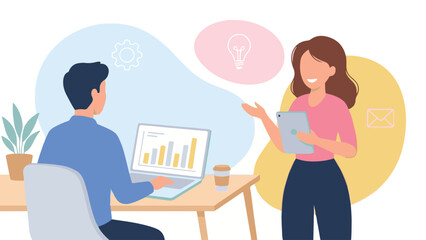 Business colleagues discussing data and new ideas in a modern office setting