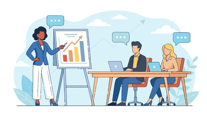 Businesswoman presenting financial growth data to colleagues during a team meeting