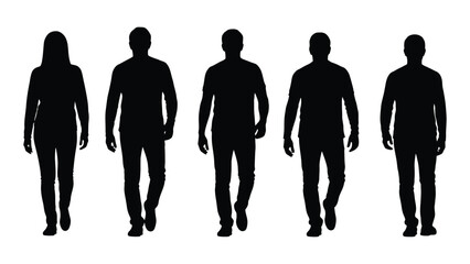 five people walking forward in a line depicted as a stark black silhouette