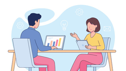 Business people collaborating with technology, analyzing data and sharing ideas