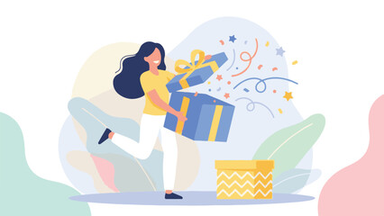 Smiling woman celebrating with an open gift box and flying confetti