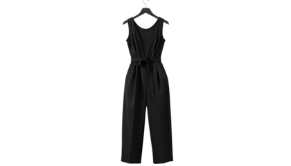 Black sleeveless jumpsuit with deep neckline, tied waist, and wide-leg trousers, on a hanger