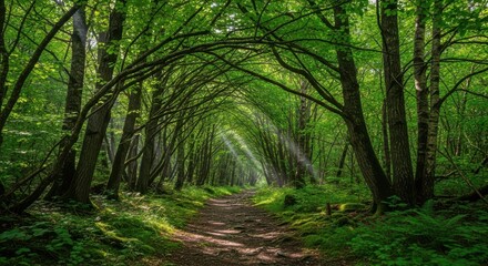 Obraz premium Sunlight filtering through lush green forest canopy illuminating a woodland path