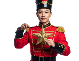 Person in a red military-style jacket and hat holding a gold star, looking at camera