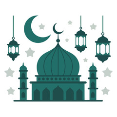 This vibrant illustration captures the essence of Ramadan, featuring a grand mosque with multiple teal domes and golden-brown walls, flanked by elegant minarets. Above the mosque, decorative tradition